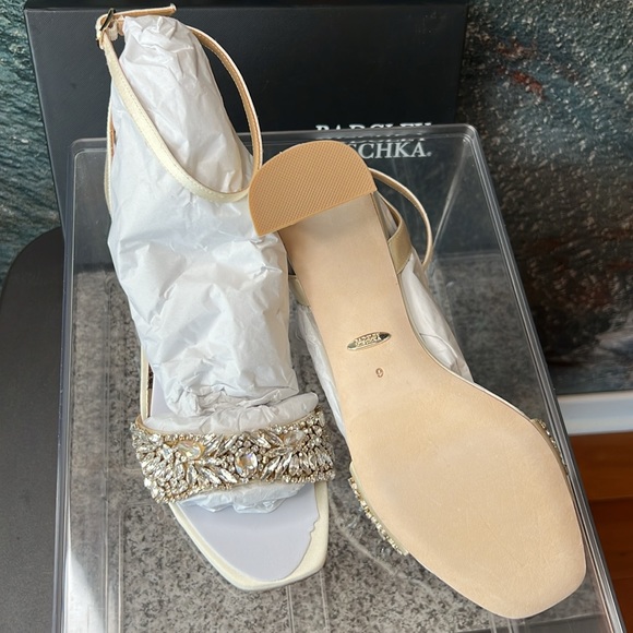 Badgley Mischka Marsha, Block Heel Rhinestone Sandals in Ivory Satin - Picture 13 of 14